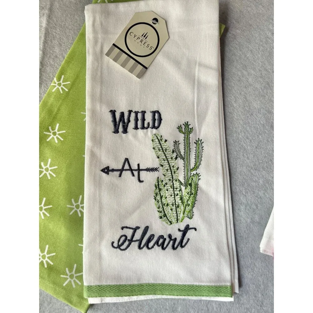 Cypress Set Of 4 Cactus Embroidered Cotton Tea Towels 18x24 & 26x19 Gift NWT